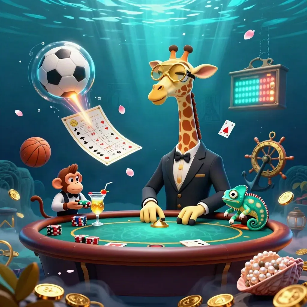 Underwater casino scene with giraffe, monkey, chameleon, flying balls, coins, and glowing treasure.