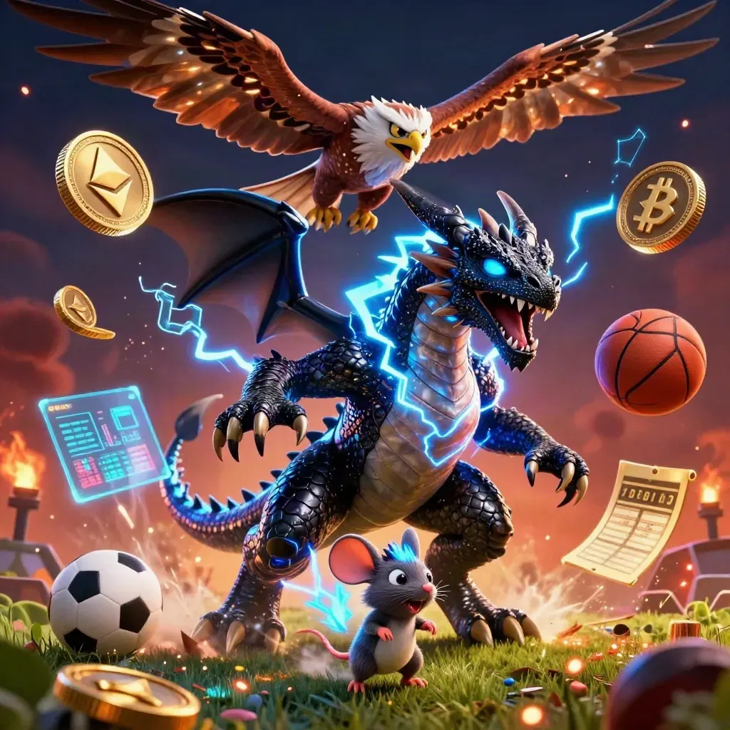 Thunder dragon, hawk and mouse amid flying sports balls, coins and neon lightning on a dark casino backdrop.