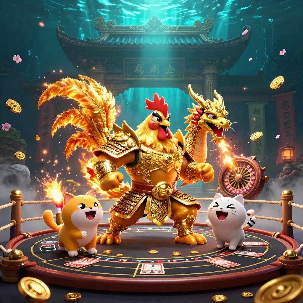 Rooster samurai, spark-breathing dragon hatchling, and cheering fortune cat in a luxe casino temple scene.