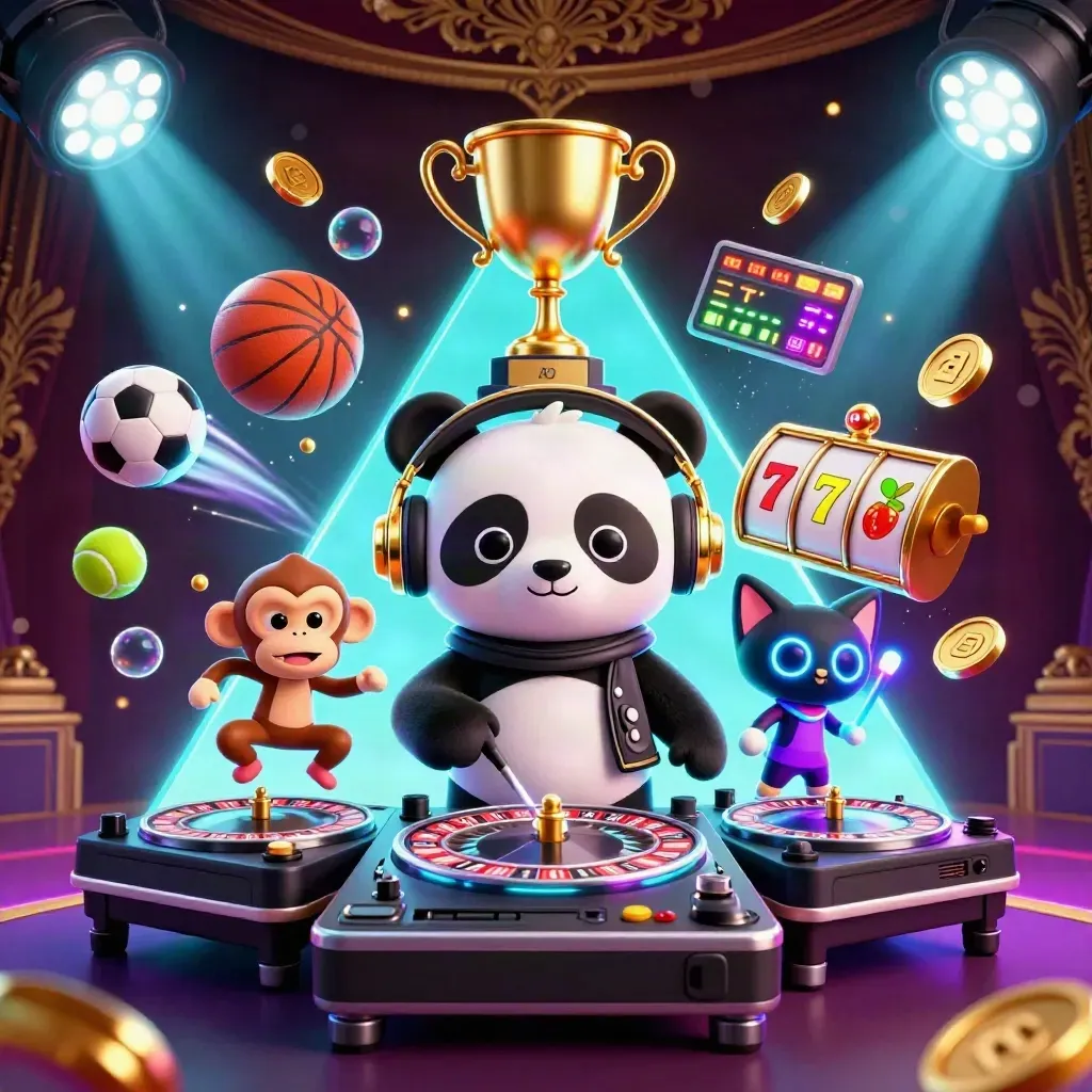 DJ panda, monkey, and glow-stick kitten amid jackpot effects and flying sports gear.