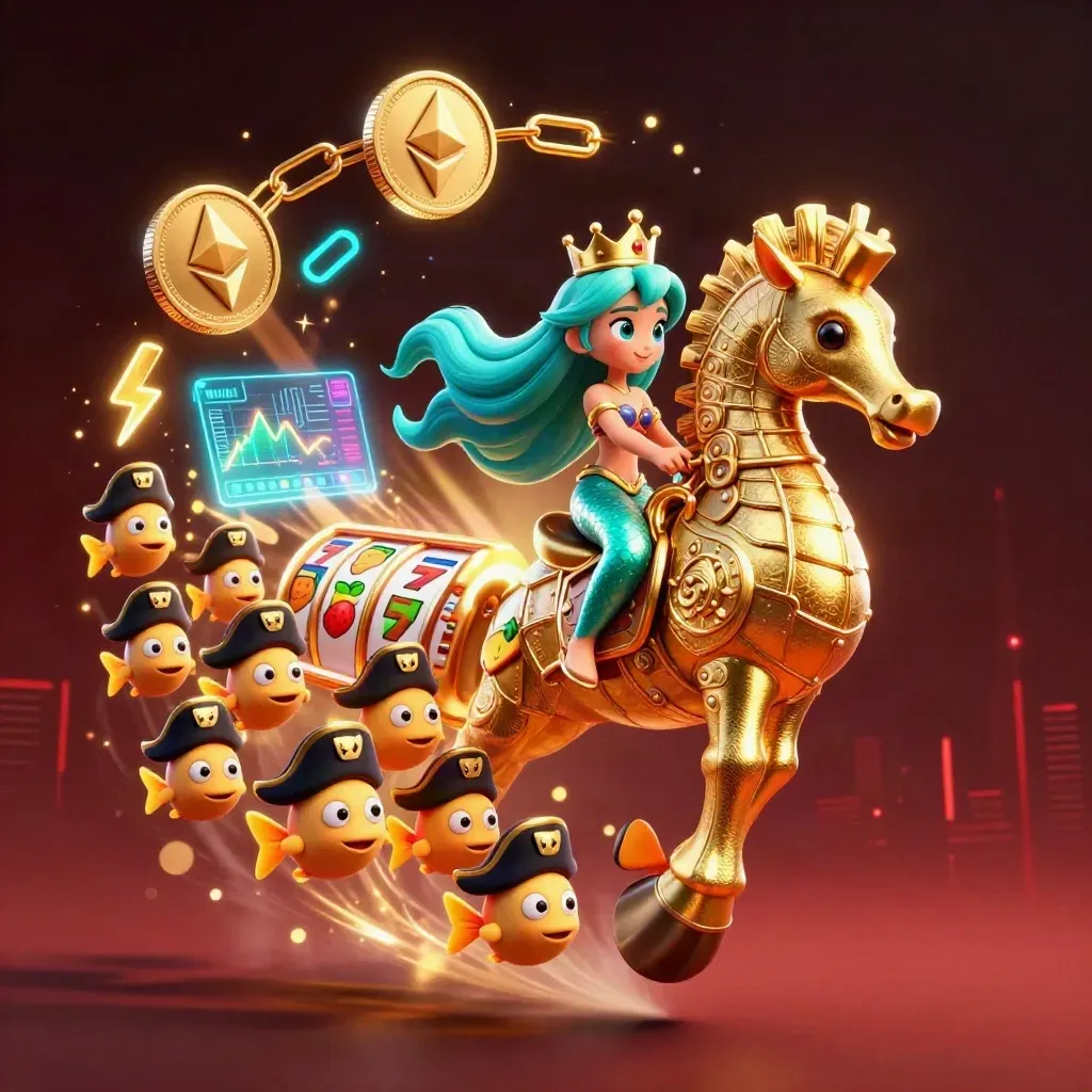 Mermaid princess on armored seahorse amid jackpot coins, fish pirates, and neon casino effects.