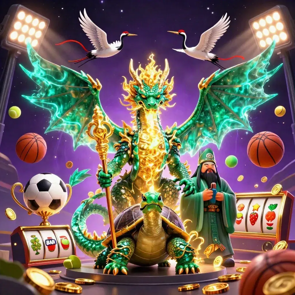 Emerald jade dragon, turtle sage, and cranes amid jackpots, sports balls, and golden fire.